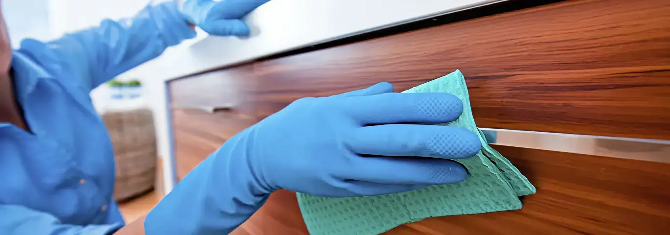 Cleaner wearing blue gloves wiping a wooden cabinet drawer with a microfiber cloth for dust and grime removal, Jacksonville, FL.