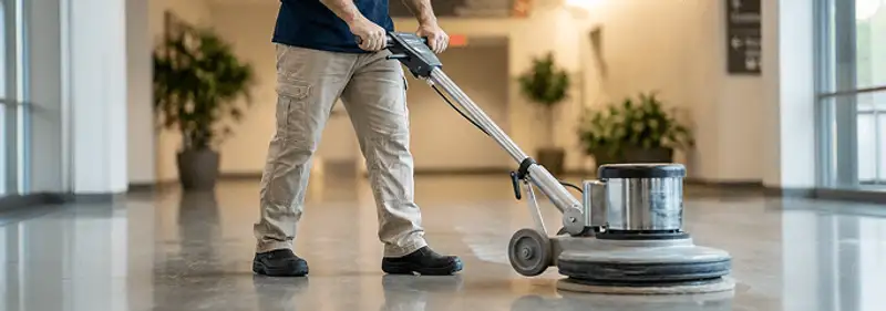 Professional technician using an industrial floor buffer to polish and maintain shiny commercial flooring in a corporate hallway in Jacksonville, FL.