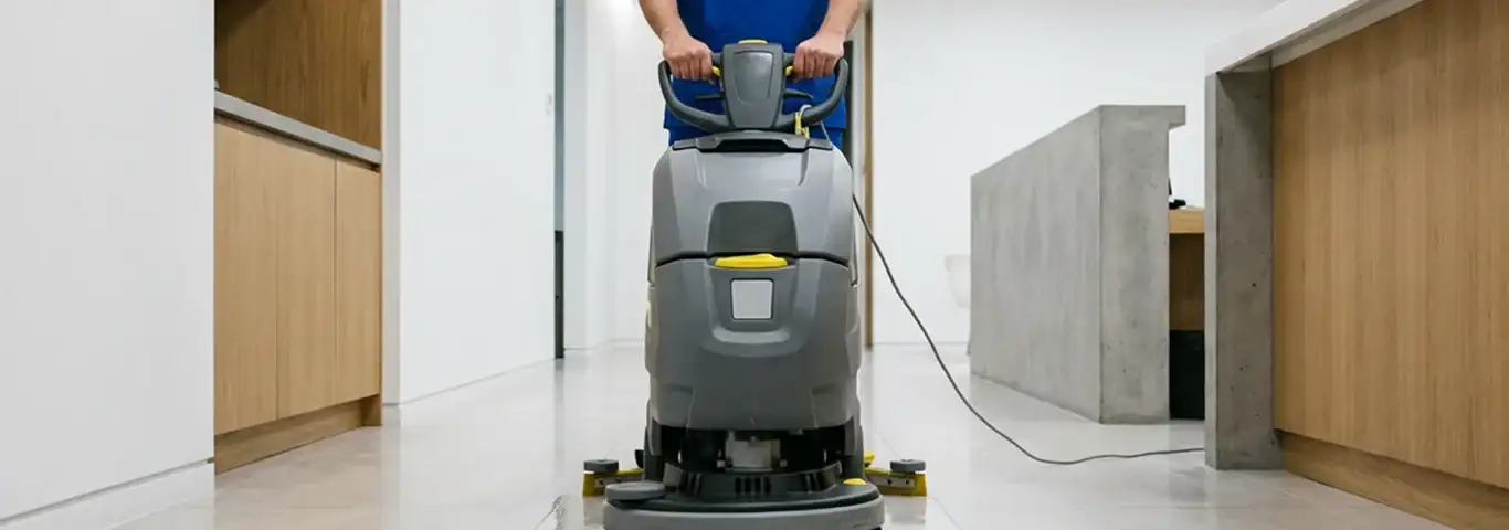 Janitorial staff using a floor scrubber machine to clean a commercial hallway, Jacksonville, FL.