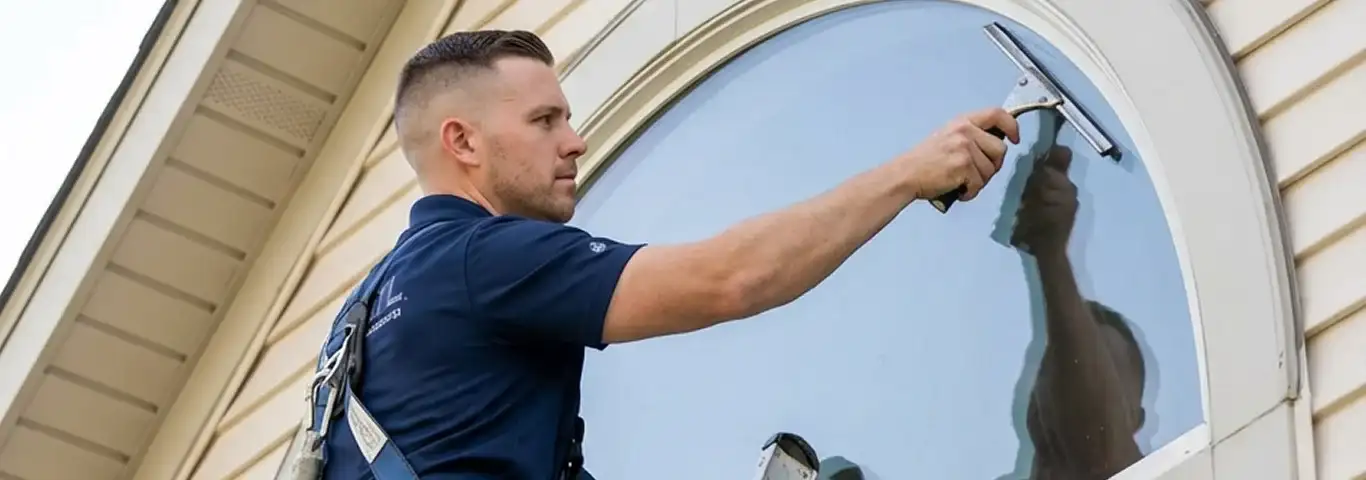 Professional window cleaner using a squeegee to clean an exterior arched window on a home, Jacksonville, FL.