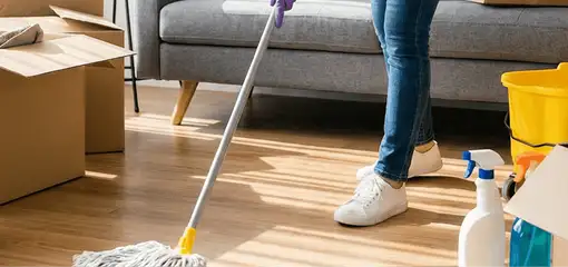Move-out cleaning setup with a cleaner mopping hardwood floors near moving boxes and cleaning supplies, Jacksonville, FL.