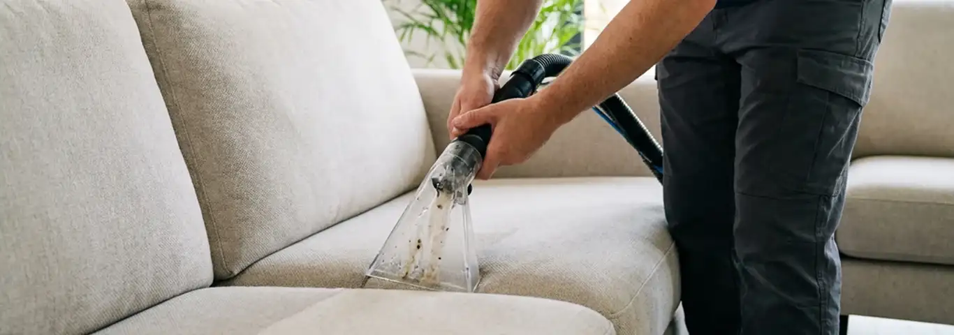 Technician extracting dirt and moisture from a fabric sofa with an upholstery cleaning wand, Jacksonville, FL.