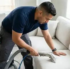 Professional upholstery cleaning technician using an extraction wand to deep-clean a fabric sofa, Jacksonville, FL.