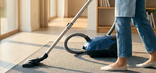 Person vacuuming a living room rug with a canister vacuum cleaner near large windows, Jacksonville, FL.